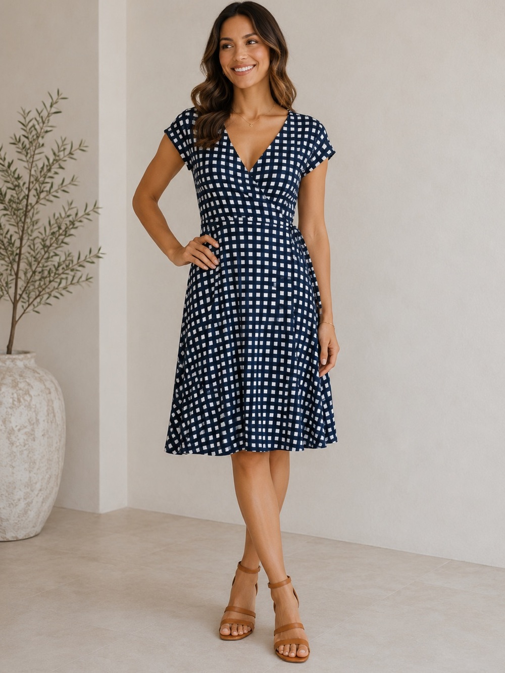Leota Womens Wrap Dress Blue Plaid Size Medium